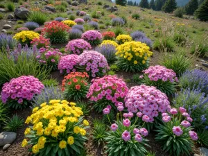 Alpine Spring Display - Aerial view of a spring alpine garden bursting with color, featuring drifts of Phlox subulata, Iberis sempervirens, and Aurinia saxatilis creating a tapestry effect