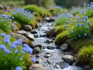 Alpine Stream Garden - A small alpine garden with a miniature rocky stream, surrounded by campanula and alpine forget-me-nots, creating a natural mountain stream effect