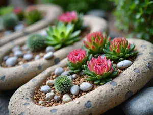 Alpine Trough Collection - Close-up of artistically arranged hypertufa troughs containing miniature alpine gardens with Silene, Gentiana, and rare alpine specimens. Gravel mulch and small rocks as accents.