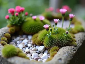 Alpine Trough Garden Detail - Intimate close-up of a hypertufa trough garden showcasing miniature alpine treasures including Androsace, tiny Primula, and Draba, with small quartz rocks creating natural-looking crevices