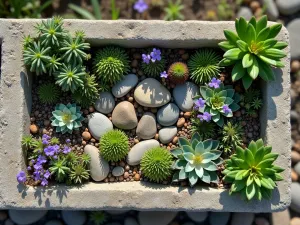 Alpine Trough Garden - An overhead view of a limestone trough filled with tiny alpine plants, including androsace and miniature iris, with small decorative rocks creating natural divisions