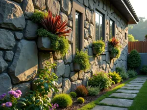 Alpine Wall Garden - Vertical alpine garden built into a natural stone wall with pockets of sempervivum, saxifraga, and campanula growing from crevices, dramatic side lighting