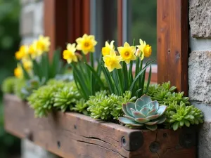 Alpine Window Box - A rustic wooden window box filled with compact alpine plants, including mini daffodils and alpine lewisia, close-up detail shot