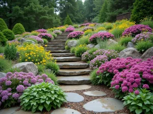 Cascading Alpine Garden - Wide-angle view of a cascading alpine garden with multiple levels, featuring Creeping Phlox flowing over natural stone walls, interspersed with Sempervivum rosettes and yellow Alyssum, cottage garden style