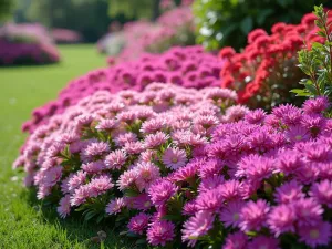 Colorful Alpine Border - A vibrant alpine border with cushion plants in full bloom, including phlox subulata and aubrieta, creating a carpet of colors, shot from ground level