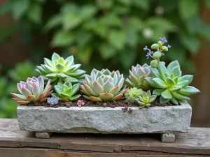 High Altitude Container Collection - Arranged collection of weathered stone troughs filled with miniature alpine plants, including lewisia, delosperma, and sedum, on a rustic wooden platform