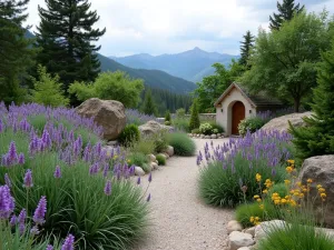 Mediterranean Alpine Garden - A small Mediterranean-inspired alpine garden featuring lavender, artemisia, and small rocky outcrops, with a gravel path, wide angle view