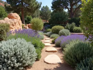 Mediterranean Alpine Scene - A sun-baked alpine garden inspired by Mediterranean mountains, featuring silver-leaved Artemisia vallesiaca, purple Lavandula angustifolia 'Nana', and compact Thymus vulgaris among terracotta-colored rocks