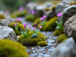 Mini Alpine Mountain - Close-up view of a miniature alpine landscape with crevice garden technique, featuring Androsace, Draba, and tiny Alpine Forget-me-nots growing between vertical slate pieces.