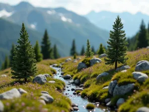 Miniature Alpine Landscape - An aerial view of a perfectly scaled miniature alpine landscape complete with tiny conifers, rock formations, and alpine flowers, creating a mountain scene in miniature