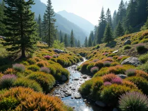 Miniature Alpine Valley - Wide-angle view of a small alpine garden valley design with a dry creek bed, dwarf conifers, and clusters of colorful sempervivum rosettes, morning dew