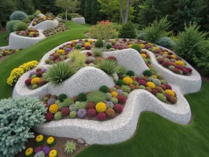 Miniature Mountain Range - Aerial view of a stylized alpine garden designed to mimic mountain ranges, with different colored stones and compact alpine plants creating natural-looking elevation changes