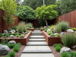 Modern Alpine Design - Contemporary alpine garden with cor-ten steel retaining walls, minimalist rock placement, and strategic planting of Sedum, Thymus, and architectural Euphorbia.