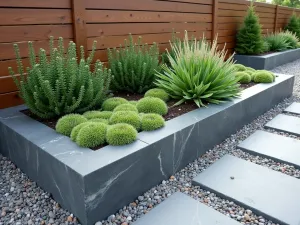 Modern Alpine Raised Bed - A contemporary raised bed with clean lines, filled with alpine plants and angular slate pieces, featuring drought-resistant sedum and thyme, wide angle view