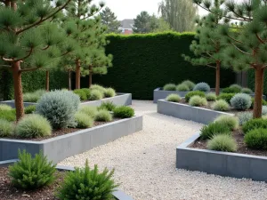 Modern Alpine Terrace - Contemporary interpretation of an alpine garden with geometric concrete planters, angular gravel areas, and carefully placed specimens of juniperus and artemisia