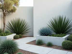 Modernist Alpine Terrace - Wide-angle view of a contemporary alpine garden featuring geometric concrete planters filled with architectural Yucca nana, blue Festuca glauca, and compact Euphorbias against a minimalist backdrop