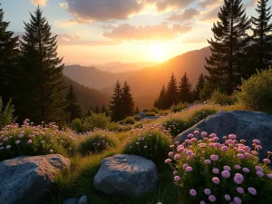 Mountain Garden Sunset - Wide-angle view of an alpine garden at sunset, with silhouetted dwarf trees and the golden light catching crystalline rocks and blooming gypsophila