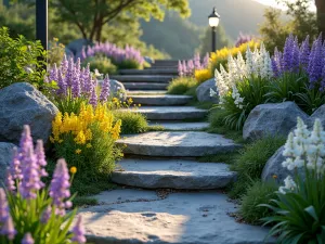 Mountain Rock Garden Terrace - Terraced alpine garden with granite rocks and blooming purple saxifraga, white arabis, and yellow alyssum cascading down natural stone steps, soft morning light, photorealistic