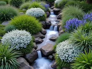 Mountain Stream Alpine Garden - An aerial view of a naturalistic alpine garden design featuring a small rocky stream surrounded by cushions of blue Aubrieta, white Cerastium, and purple Thymus serpyllum, creating a mountain stream effect