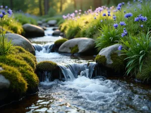 Mountain Stream Feature - Natural-looking alpine stream with small waterfalls flowing through moss-covered rocks, surrounded by blue aquilegia and white pulsatilla, afternoon sunlight