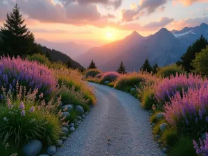 Sunset Alpine Garden Path - Wide-angle shot of a winding gravel path through an alpine garden at sunset, bordered by cushions of pink Silene, blue Lithodora, and golden Sedum acre, with dramatic mountain peaks in the background