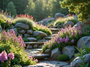 Terraced Alpine Garden - A terraced alpine rock garden with natural stone walls, featuring cascading Saxifraga, Sempervivum, and Alpine Phlox in bloom. Early morning lighting with slight dew on plants.