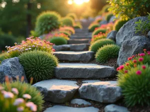 Terraced Alpine Rock Garden - A beautifully terraced small alpine garden with natural stone steps, featuring colorful cushion plants like saxifraga and sempervivum cascading over rocks, shot from a low angle during golden hour