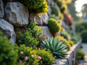 Vertical Alpine Wall - A close-up of a vertical alpine garden built into a stone wall, with hardy succulents and alpine plants growing from crevices, dramatic lighting