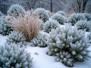 Winter Alpine Scene - Snow-dusted alpine garden showcasing structural elements of dwarf conifers, seed heads, and evergreen alpine plants. Early morning frost highlights plant forms.