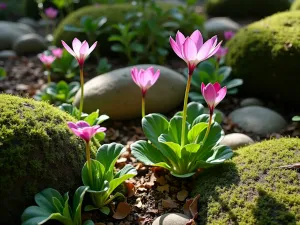 Woodland Alpine Corner - A shaded alpine garden corner featuring Cyclamen coum, Hepatica nobilis, and Asarum europaeum growing among moss-covered rocks under dappled light, creating a peaceful woodland scene