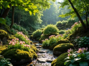 Woodland Alpine Garden - Shaded alpine garden setting with dwarf rhododendrons, Cyclamen, and Hepatica nestled among moss-covered rocks. Filtered sunlight creates dappled shadows.