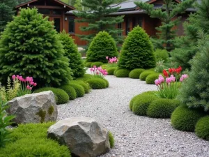 Zen Alpine Corner - A small corner alpine garden with Japanese influence, featuring dwarf conifers, small granite boulders, and alpine primulas, with a tiny gravel path winding through