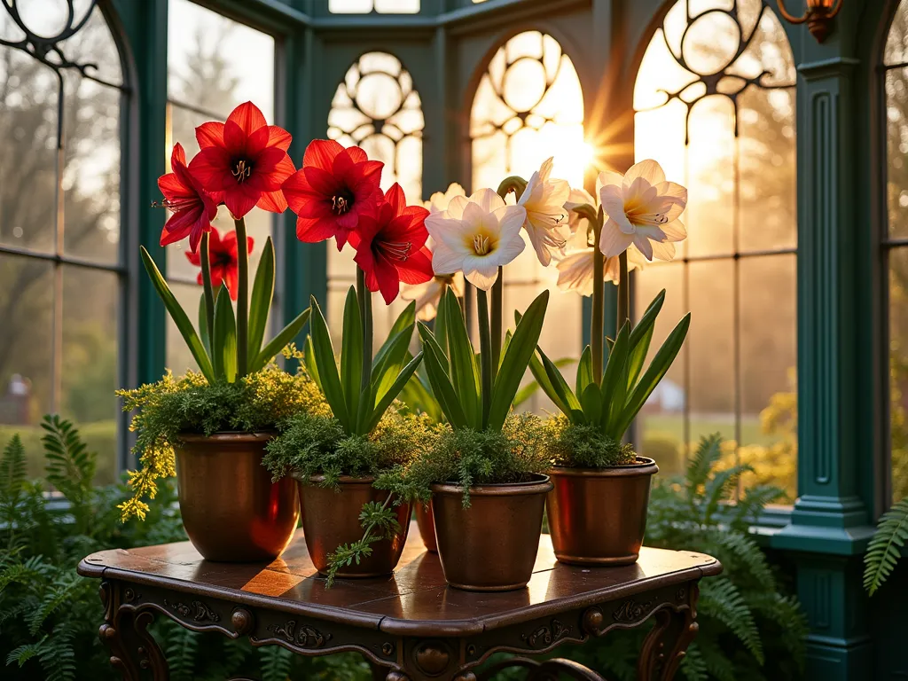 Victorian Amaryllis Conservatory Display - A stunning Victorian-style glass conservatory at golden hour, sunlight streaming through ornate windows illuminating a collection of blooming amaryllis in antique brass and copper containers. The flowers, in rich crimson and white, are artfully arranged on a vintage wrought-iron plant stand, surrounded by cascading Boston ferns and English ivy. The conservatory features elegant architectural details, including decorative ironwork and multiple glass panels. Shot with a wide-angle lens to capture the grandeur of the space, with natural light creating dramatic shadows and highlighting the metallic containers. Professional DSLR photo, f/8, ISO 100, 1/125s, soft evening lighting enhancing the Victorian ambiance.