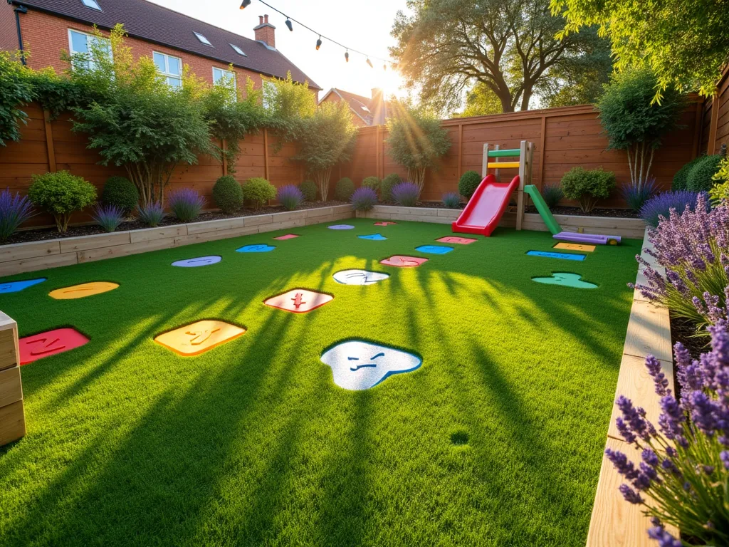 Vibrant Children's Garden Play Area with Artificial Grass - A late afternoon sunlit garden play area featuring pristine artificial grass with embedded colorful rubber numbers and shapes, photographed at f/2.8 with a 16-35mm wide-angle lens. The safe play zone includes rainbow-colored soft rubber stepping stones, a small climbing frame, and a mini slide, all set against lush artificial turf. Natural wooden border edging frames the space, while potted lavender and ornamental grasses add organic touches around the perimeter. Impact-absorbing padding beneath the grass creates subtle, safe contours. Gentle shadows cast by nearby trees create interesting patterns across the vibrant green synthetic lawn, while string lights hung overhead add a magical touch. The immaculate, mud-free surface demonstrates the practical benefits of artificial grass in a family garden setting.