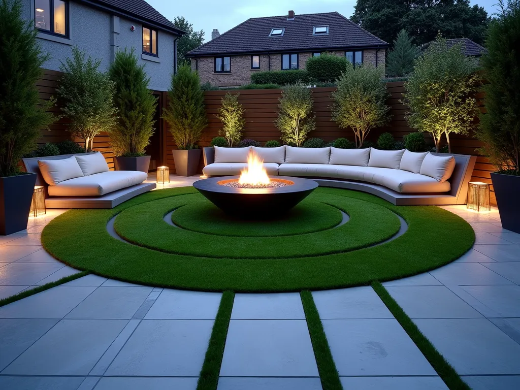 Circular Artificial Grass Social Hub with Fire Pit - A twilight photograph of a modern circular artificial grass installation in a UK garden, featuring a striking geometric design with a contemporary steel fire pit as the centerpiece. The perfectly manicured circular artificial grass area is surrounded by light grey stone pavers creating concentric rings. Modern outdoor furniture includes curved built-in benches with cream cushions arranged in a conversational layout. Subtle LED ground lighting illuminates the perimeter, while copper lanterns cast a warm glow. Architectural plants in large charcoal planters frame the space, captured with a wide-angle lens creating depth and atmosphere in the blue hour lighting. The artificial grass appears lush and natural, with a premium texture visible in the ambient lighting.