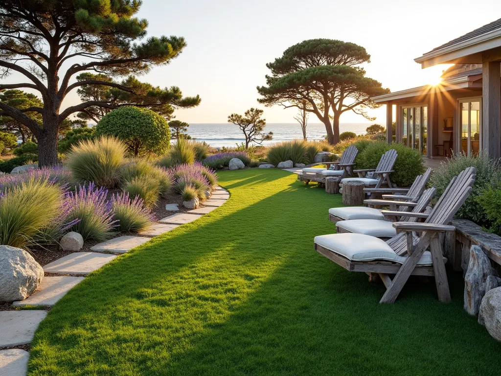 Coastal Serenity Artificial Garden - A stunning coastal-style garden at golden hour, shot with a wide-angle lens showing a pristine artificial grass lawn bordered by weathered driftwood planters. Natural stone pathways weave through clusters of swaying ornamental grasses, lavender, and maritime plants. Bleached wooden deck furniture and weathered nautical elements add authentic beach character. Coastal pines provide height while hardy succulents dot the landscape. The artificial grass maintains a perfect emerald green against the muted coastal palette, photographed with soft, warm lighting creating long shadows across the textured landscape. Captured with a digital camera, 16-35mm lens, f/2.8, ISO 400, emphasizing the interplay of textures and maritime elements.