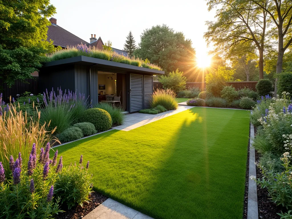 Modern Eco-Friendly Garden Harmony - A stunning wide-angle DSLR photograph of a contemporary UK garden at golden hour, showcasing a harmonious blend of artificial grass and natural elements. A pristine rectangular artificial lawn serves as the central feature, bordered by abundant wildlife-friendly flower beds bursting with native wildflowers and ornamental grasses. A modern shed features a flourishing green roof covered in sedum plants and succulents. Visible rainwater harvesting system with sleek charcoal storage tanks elegantly integrated into the garden design. Natural stone pathway weaves through butterfly-friendly lavender and verbena borders. Bird feeders and a small wildlife pond with marginal plants create additional biodiversity spots. The low evening sun casts warm light across the scene, highlighting the textural contrast between the artificial grass and organic plantings. Shot at f/8 with perfect depth of field, capturing every detail from the grass blades to the distant flowering perennials.