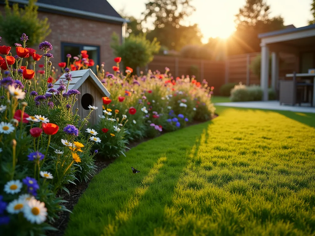 Eco-Friendly Artificial Lawn with Native Wildflower Border - A wide-angle dusk shot of a modern UK garden featuring a pristine artificial grass lawn bordered by vibrant native wildflowers. The golden hour sunlight illuminates a curved border filled with colorful British wildflowers including cornflowers, poppies, and ox-eye daisies. Rustic wooden bug hotels are artfully placed among the flowers, while butterflies and bees hover around the blooms. The artificial grass is perfectly manicured, creating a striking contrast with the natural, wild aesthetic of the border. Small solar-powered garden lights peek through the wildflowers, creating a magical twilight atmosphere. In the background, contemporary garden furniture sits on the artificial lawn, highlighting its practical use.