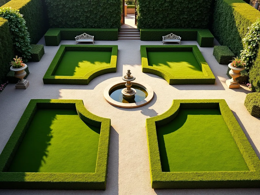 Elegant Formal Garden with Artificial Grass Parterre - A sophisticated aerial view of a meticulously designed formal garden featuring symmetrical artificial grass parterre patterns, bordered by neatly trimmed boxwood hedges. The emerald green artificial turf creates pristine geometric shapes, including diamond patterns and curved designs, intersected by light-colored gravel pathways. Central ornate water fountain surrounded by classic stone urns with flowering plants. Late afternoon golden sunlight casting gentle shadows across the perfectly maintained artificial lawn sections, highlighting the precise lines and formal structure. Victorian-style garden benches positioned strategically along the paths, with climbing roses on decorative trellises in the background. The artificial grass maintains a flawless appearance while preserving the timeless elegance of traditional formal garden design.