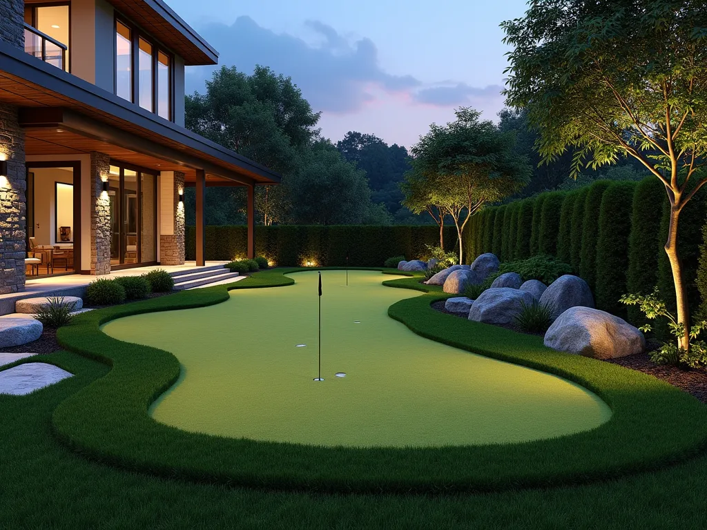 Luxury Garden Putting Green at Dusk - A sophisticated backyard putting green with artificial grass at dusk, featuring gentle undulating slopes and three professional-grade holes with flags. The putting green is seamlessly integrated into a manicured garden landscape with modern LED path lighting. Natural stone borders frame the green, while ornamental grasses and boxwood hedges create an elegant backdrop. A curved stone pathway leads to a contemporary wooden deck with comfortable seating area overlooking the practice space. Soft ambient lighting casts a warm glow across the scene, highlighting the pristine artificial turf surface and creating a serene atmosphere for evening practice. Shot from a raised perspective to showcase the entire recreational space design, photorealistic, 8k resolution.