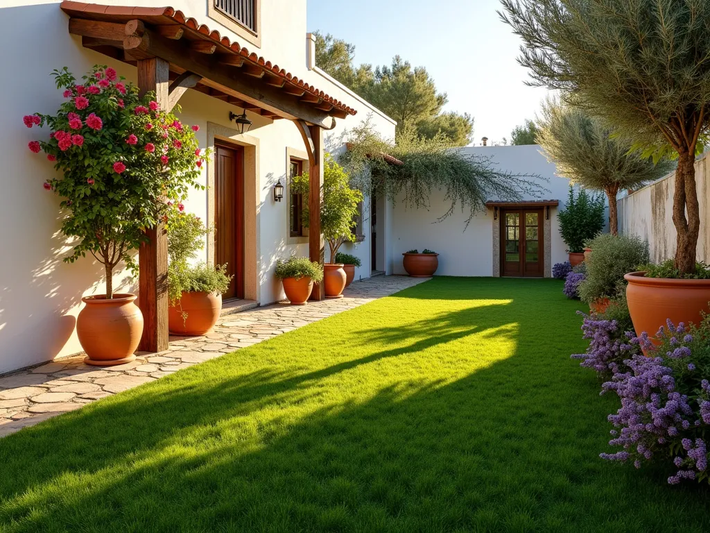 Mediterranean Courtyard with Artificial Grass - A serene Mediterranean-style courtyard at golden hour, captured with a wide-angle lens, showing pristine artificial grass surrounded by classic terracotta pots of varying sizes. White-washed stucco walls create a bright backdrop, adorned with climbing bougainvillea. Strategically placed olive trees in large planters cast gentle shadows on the grass, while lavender and rosemary bushes line the edges. A rustic wooden pergola partially frames the scene, with trailing jasmine adding romantic charm. The artificial grass appears lush and vibrant, seamlessly integrating with the Mediterranean plantings. Natural stone pavers create a winding path through the grass, photographed with soft, warm lighting that enhances the Mediterranean atmosphere. Shot at f/2.8 with beautiful depth of field, capturing the textural details of the terracotta and the interplay of light and shadow. 16-35mm lens perspective emphasizes the courtyard's intimate yet open feeling.