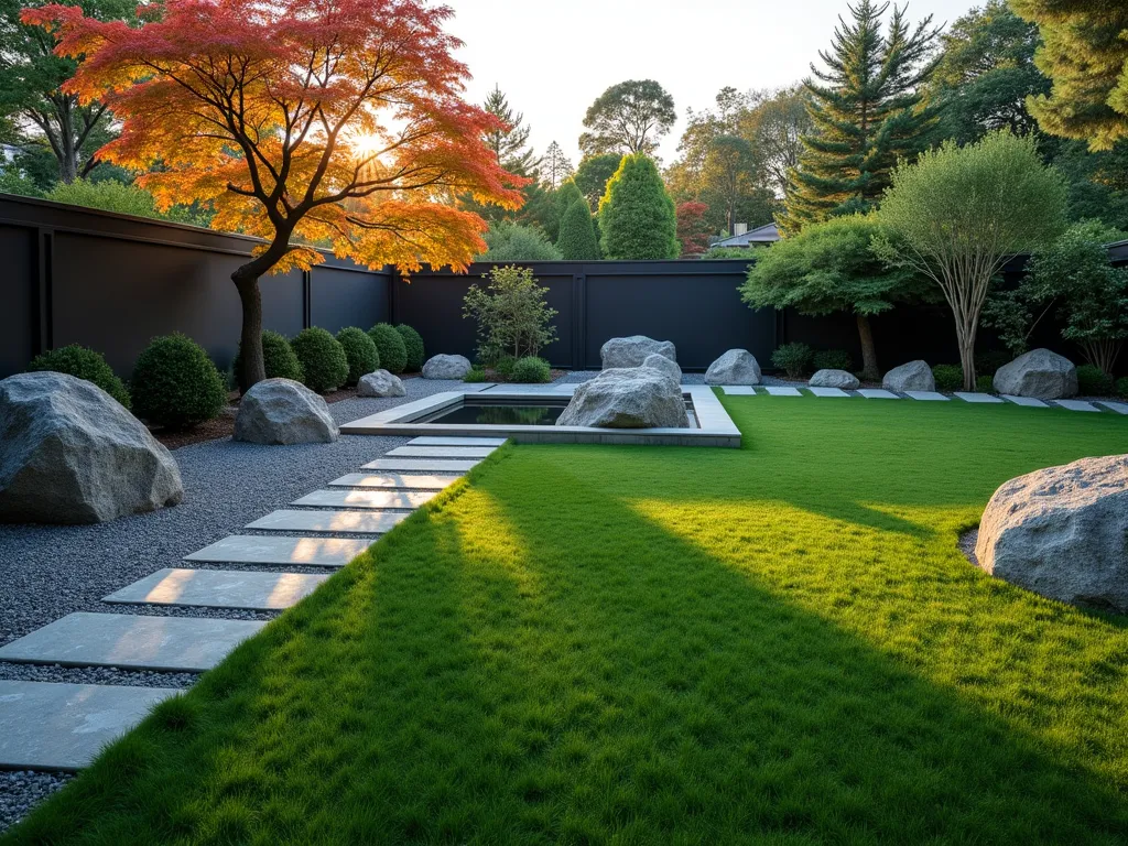 Zen Japanese Garden with Artificial Grass - A serene Japanese garden at dusk featuring immaculate artificial grass bordered by light gray gravel paths. Minimalist design with carefully positioned large granite boulders and a single elegant Japanese maple tree casting gentle shadows. Modern rectangular stepping stones lead through the grass to a simple bamboo water feature. Clean geometric lines define plant beds containing neatly trimmed cloud-pruned bushes and dwarf bamboo. Shot with a wide-angle lens capturing the peaceful atmosphere, with soft evening light creating subtle shadows across the perfectly maintained artificial lawn. Photographed with a digital camera, 16-35mm lens, f/2.8, ISO 400, during golden hour.