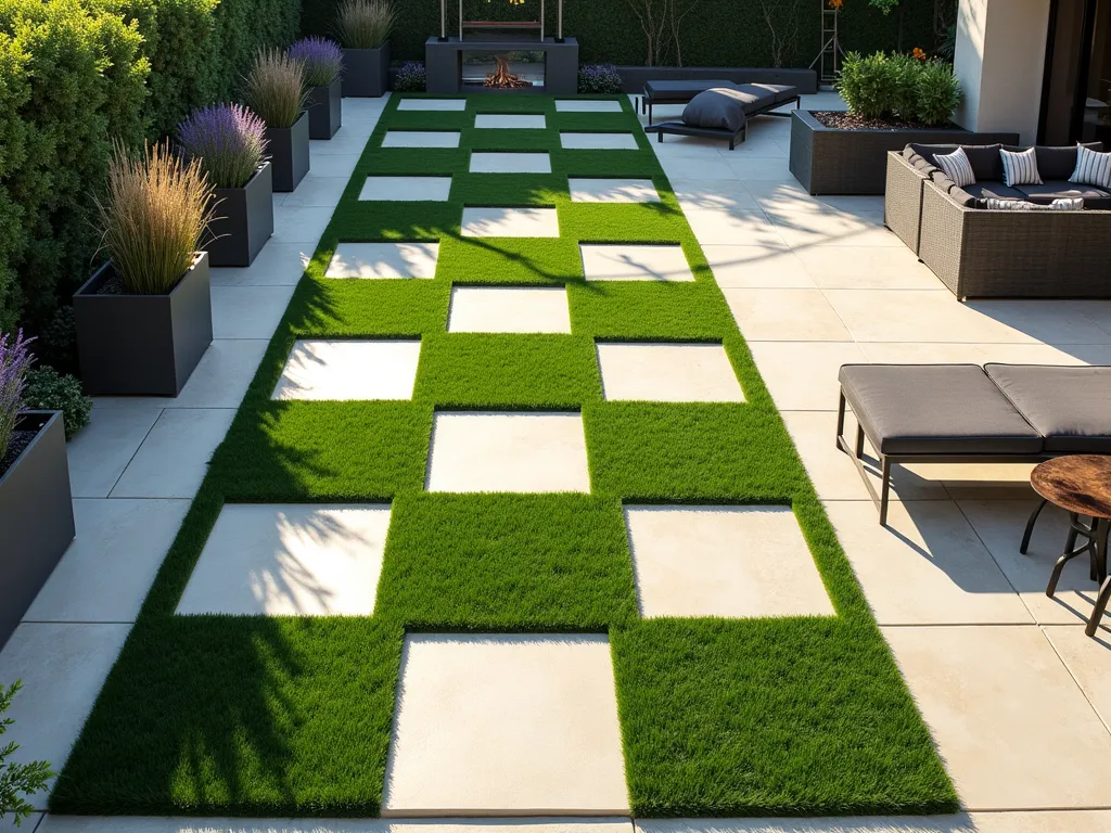 Modern Checkerboard Artificial Grass Patio - A stunning overhead view of a modern garden patio featuring an elegant checkerboard pattern alternating between lush artificial grass squares and light cream-colored limestone pavers. The pattern creates a sophisticated geometric design bathed in late afternoon sunlight casting subtle shadows. The checkerboard extends across a spacious outdoor living area, bordered by contemporary planters containing ornamental grasses and lavender. Modern outdoor furniture in dark charcoal provides a striking contrast, while string lights hung overhead add a warm ambiance. The pattern is perfectly manicured and symmetrical, demonstrating the precision possible with artificial grass installation.