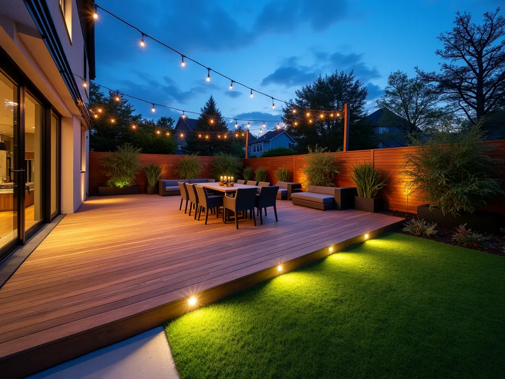 Modern Deck and Artificial Grass Entertainment Space - A stunning twilight photograph of a modern garden entertainment space, showcasing a seamless blend of rich cedar decking and emerald artificial grass, captured from a wide angle. The wooden deck features a contemporary outdoor dining set with sleek furniture and ambient lighting. Clean geometric lines separate the artificial grass from the decking, creating distinct zones. Minimalist built-in LED deck lights illuminate the transition between surfaces. Modern planters with architectural grasses and bamboo frame the space. String lights crisscross overhead, creating a warm, inviting atmosphere. Shot during blue hour with professional DSLR camera, emphasizing the interplay of natural and artificial lighting.