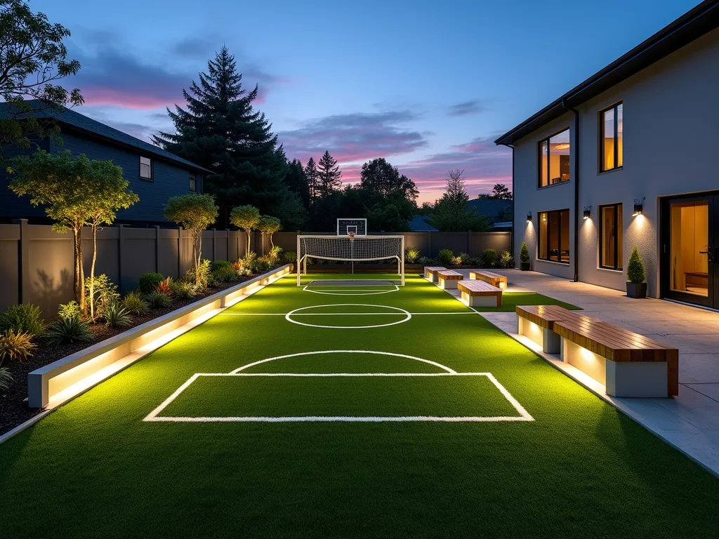 Modern Family Sports Garden with Artificial Turf - A stunning wide-angle twilight shot of a modern backyard multi-sport area featuring pristine artificial grass, photographed with a 16-35mm lens at f/2.8, ISO 400. The space includes professionally marked mini soccer field lines, a basketball half-court with a modern glass backboard, and a volleyball court area with removable posts. LED ground lighting illuminates the perimeter, creating a warm ambient glow. Contemporary wooden benches and storage units line one side, while professional-grade padding covers key posts and obstacles. Sleek modern fencing in dark grey frames the space, with strategic uplighting on surrounding architectural plants. The artificial grass shows a pristine, even surface with a natural-looking deep green tone, perfect for year-round sports activities. Motion sensor floodlights mounted on elegant poles provide evening illumination.