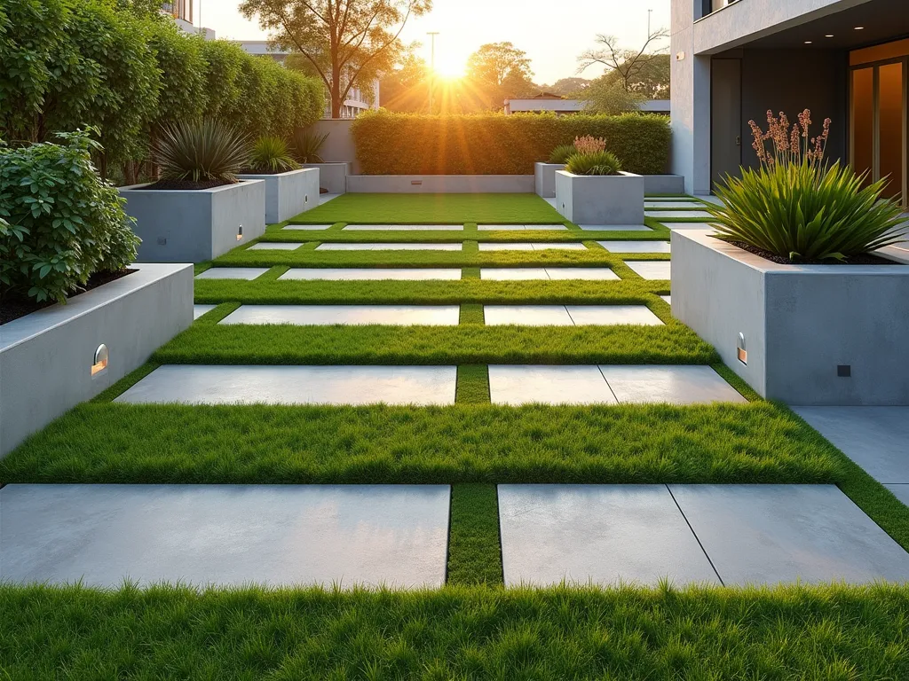 Modern Geometric Artificial Grass Pattern - A stunning modern garden design captured during golden hour, featuring a sophisticated geometric pattern of artificial grass alternating with light grey porcelain pavers. The wide-angle shot showcases a minimalist urban garden space where rectangular strips of vibrant artificial turf create bold parallel lines intersecting with larger square sections, forming a contemporary grid pattern. Clean-edged concrete planters with architectural plants frame the space, while subtle LED ground lighting emphasizes the geometric patterns. The composition demonstrates perfect symmetry and precision, photographed with natural shadows casting interesting patterns across the structured layout. The pristine artificial grass maintains a consistent emerald tone, contrasting beautifully with the matte finish of the modern paving stones. High-end photo quality captures the texture and depth of the materials.