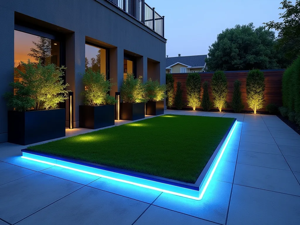 Modern Steel-Bordered Artificial Lawn with LED Lighting - A stunning dusk photograph of a contemporary urban garden featuring pristine artificial grass bordered by sleek raised steel edging. The minimalist design showcases clean geometric lines, with LED strip lighting embedded along the border creating a dramatic blue-white glow that illuminates the lawn's edge. The modern garden space is photographed from a three-quarter angle, capturing both the length and width of the installation, with architectural plants in black planters positioned strategically at the corners. The steel borders rise approximately 2 inches above the grass level, creating a floating effect as the LED lights reflect off the metallic surface. The artificial grass appears lush and perfectly manicured, contrasting beautifully with the industrial elements of the design.