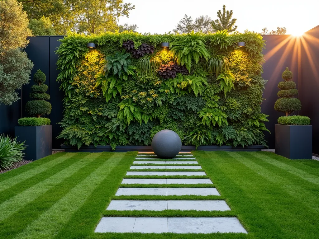 Modern Living Wall with Artificial Grass Contrast - A stunning modern garden design featuring a dramatic 8-foot-tall living wall densely planted with ferns, heucheras, and trailing ivy, contrasting beautifully against a pristine artificial grass lawn. The living wall spans 15 feet wide with a varied planting pattern creating an organic tapestry effect. Shot at golden hour with warm sunlight filtering through, highlighting the textural differences between the vertical garden's lush foliage and the manicured artificial turf. Captured from a three-quarter angle to show depth and dimension, with contemporary charcoal planters flanking the scene. High-end architectural lighting illuminates the living wall from above, creating subtle shadows and depth. A sleek limestone path cuts through the artificial grass, adding geometric interest. Photographed with a DSLR camera, wide-angle lens at f/8, ISO 100, 1/125 sec in natural lighting, emphasizing the contrasting textures and contemporary design elements.