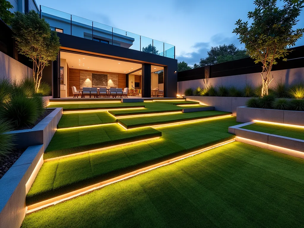 Modern Multi-Level Artificial Grass Garden with Wooden Steps - A stunning wide-angle dusk photograph of a contemporary multi-level garden featuring pristine artificial grass terraces, connected by floating wooden steps illuminated by subtle LED strip lighting. The sleek design showcases three distinct levels: a modern dining area with minimalist furniture on the top tier, a cozy lounge space with modern outdoor sofas in the middle, and a peaceful zen garden with architectural plants in contemporary planters on the bottom level. The artificial grass appears lush and vibrant, contrasting beautifully with the warm-toned timber steps and modern grey concrete retaining walls. Subtle landscape lighting creates an atmospheric ambiance, while glass balustrades ensure safety without compromising the views. Shot with a digital camera at 16mm, f/2.8, ISO 400, capturing the golden hour lighting and long shadows across the perfectly manicured artificial turf.