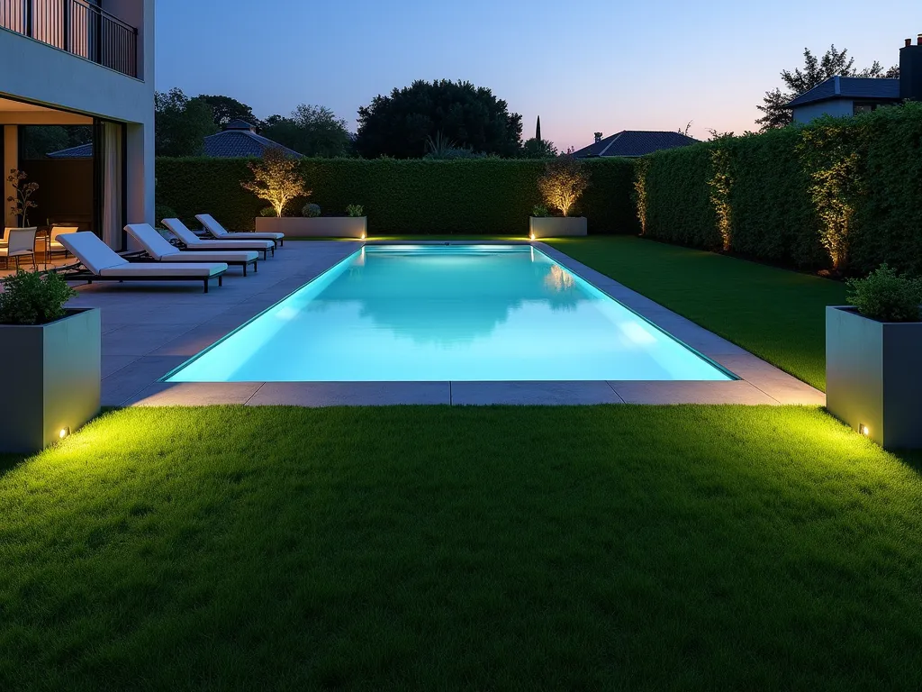 Modern Poolside Artificial Grass Haven - A stunning twilight scene of a modern rectangular swimming pool surrounded by pristine artificial grass, shot from a wide angle. The emerald-green synthetic turf creates a seamless border around the pool's light blue water, which glows from underwater lighting. Contemporary grey stone coping defines the pool's edge, while the artificial grass provides a lush, manicured surface perfect for bare feet. Sleek loungers rest on the grass, and modern LED path lights illuminate the grass area. The scene captures the perfect balance of safety and sophistication, with the artificial turf appearing plush and natural against the pool's reflection. The composition shows a clear walking area around the pool, demonstrating the practical non-slip surface, with subtle mood lighting creating a luxurious atmosphere. Minimalist potted plants in modern containers add architectural interest at the corners.